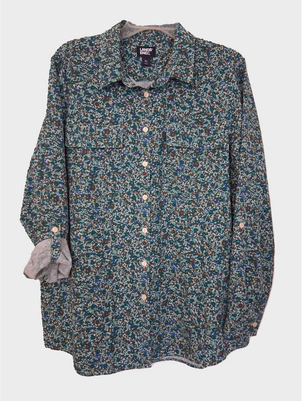 Lands' End Women Blue Green Floral Button Front Roll Tab Sleeve Pockets Top, XL